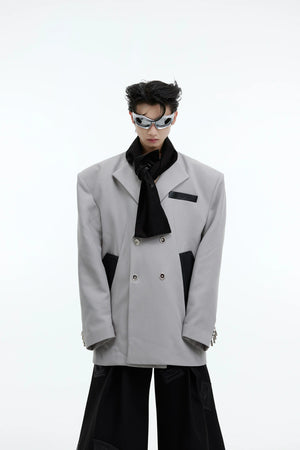 Color-Blocked Tie-Panel Double-Breasted Blazer - Gray-Black