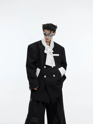 Color-Blocked Tie-Panel Double-Breasted Blazer - Black-White