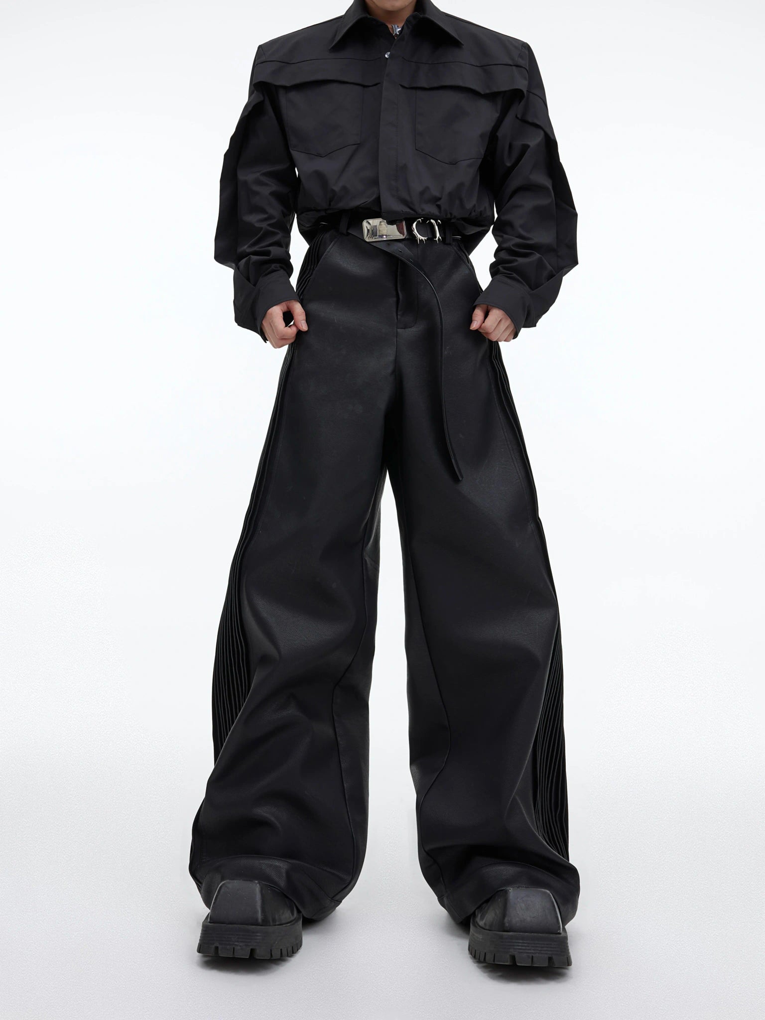 Matte PU Pleated Straight-Leg Pants | Black - main image 1