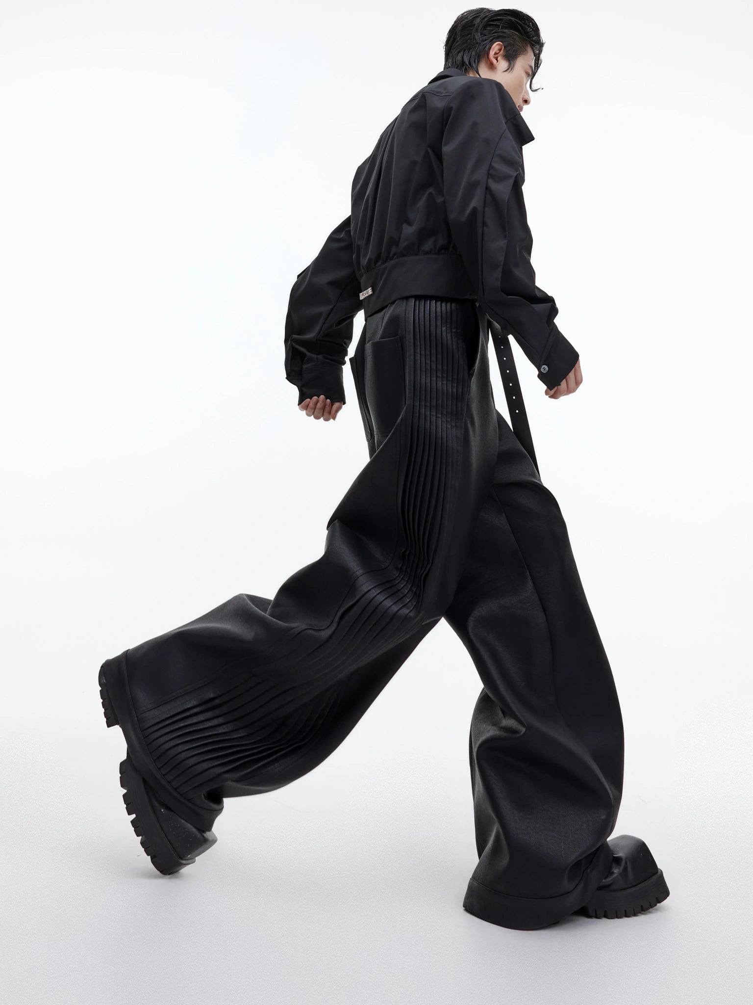 Matte PU Pleated Straight-Leg Pants | Black - main image 2