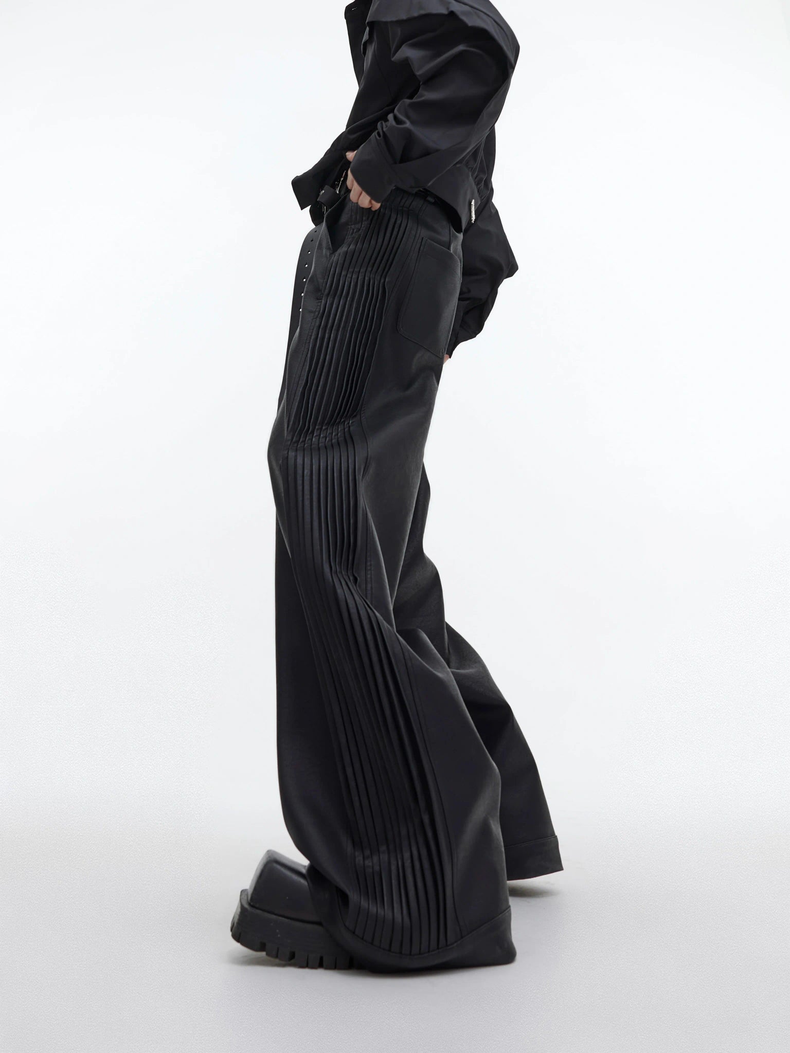 Matte PU Pleated Straight-Leg Pants | Black - main image 5
