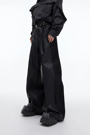 Matte PU Pleated Straight-Leg Pants | Black - Black