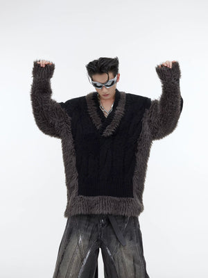 Color-Block Plush Knit V-Neck Sweater for Layering - main image 3