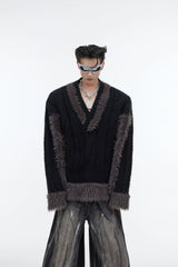Color-Block Plush Knit V-Neck Sweater for Layering - Black