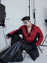 Color-Block Plush Knit V-Neck Sweater for Layering - Red