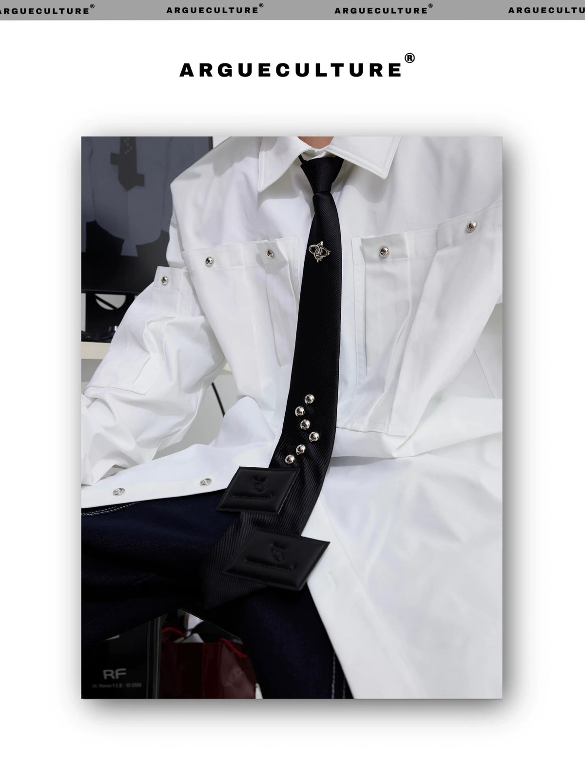 Black Adjustable Polyester Arrow Necktie | Metal Logo - description image 1