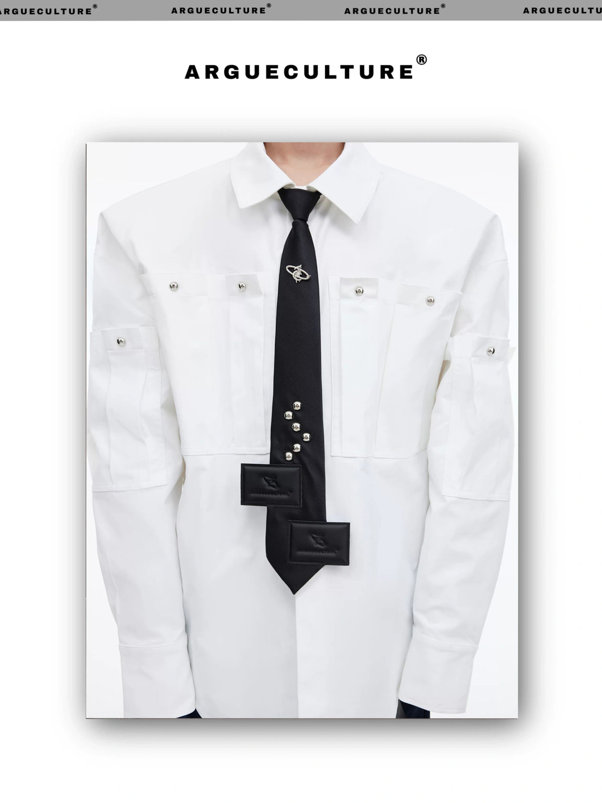 Black Adjustable Polyester Arrow Necktie | Metal Logo - description image 2