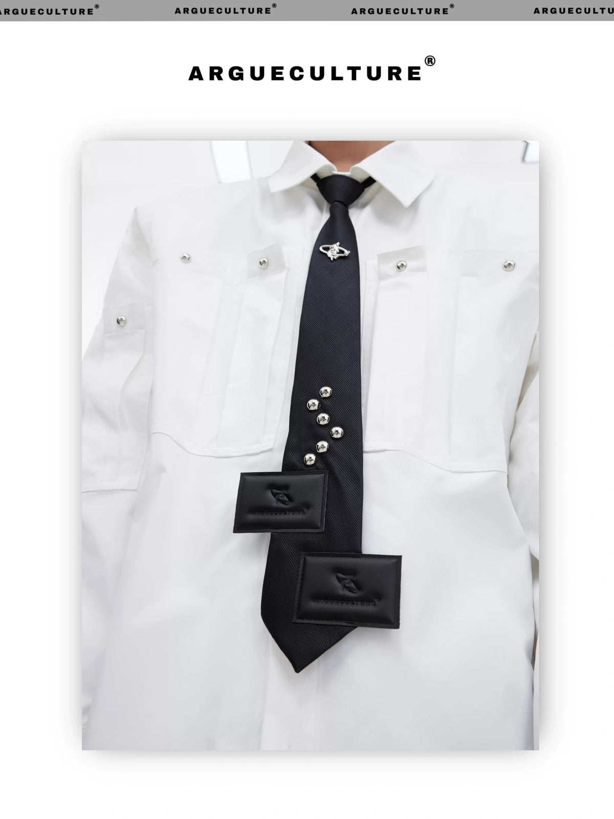 Black Adjustable Polyester Arrow Necktie | Metal Logo - description image 7