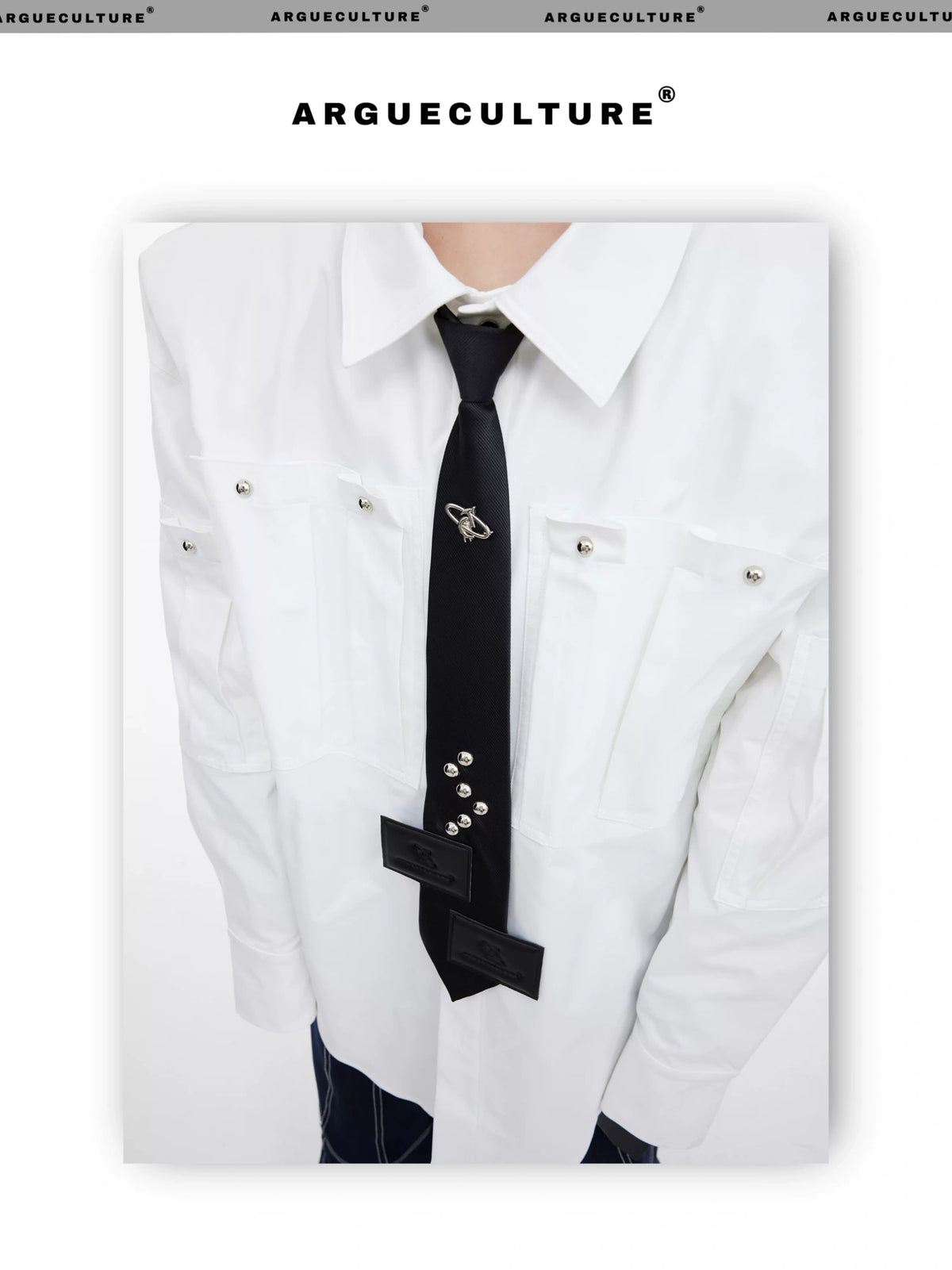 Black Adjustable Polyester Arrow Necktie | Metal Logo - description image 9