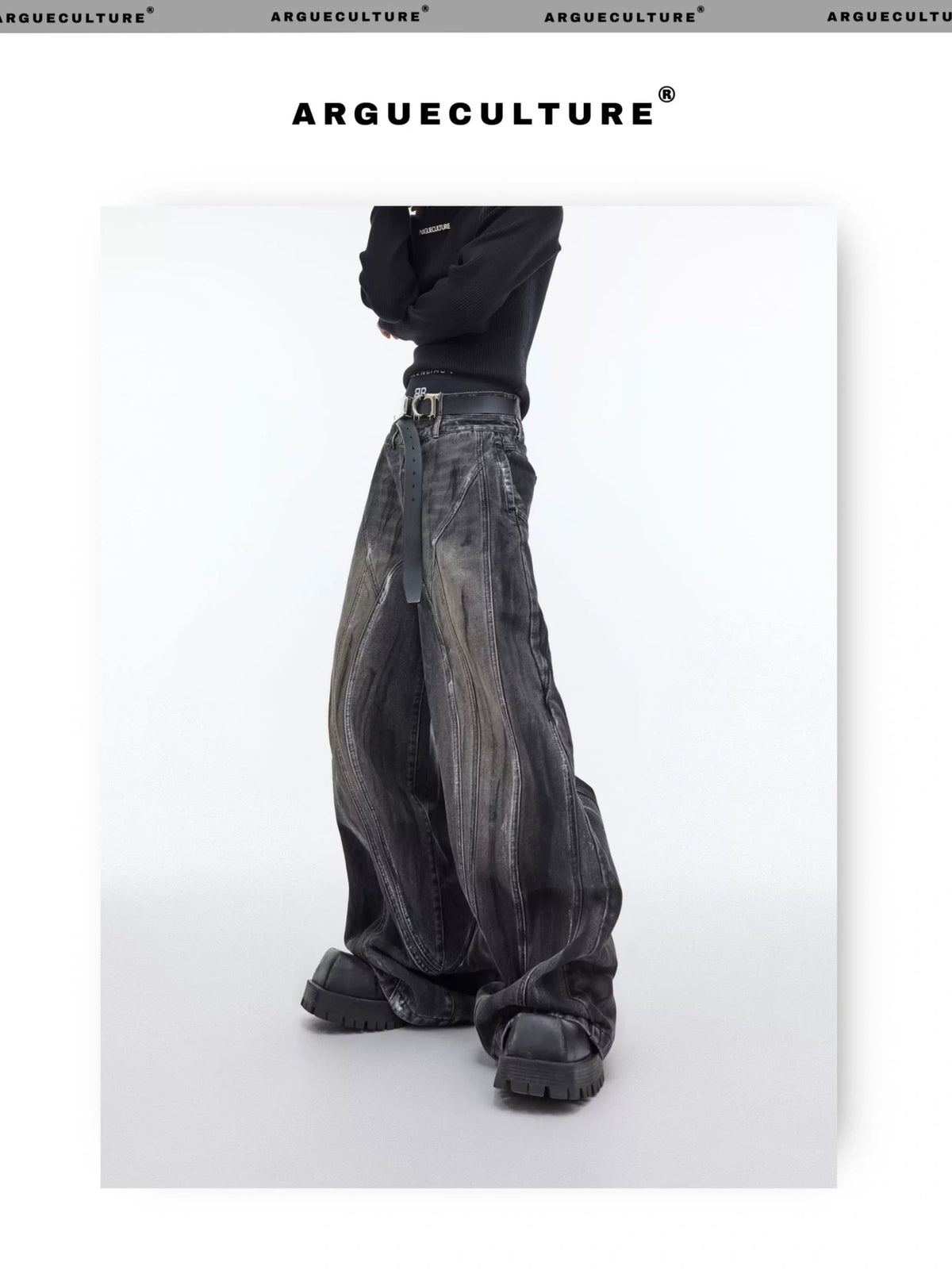 High-Waist Graphite Black Distressed Wide-Leg Jeans - description image 2