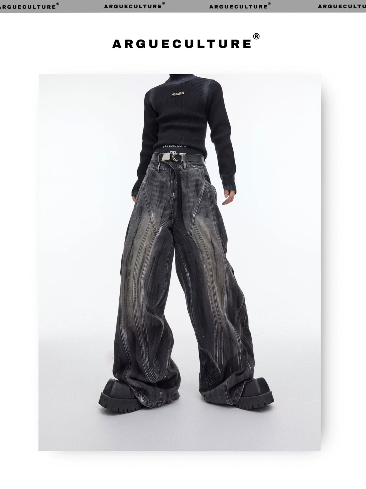 High-Waist Graphite Black Distressed Wide-Leg Jeans - description image 3