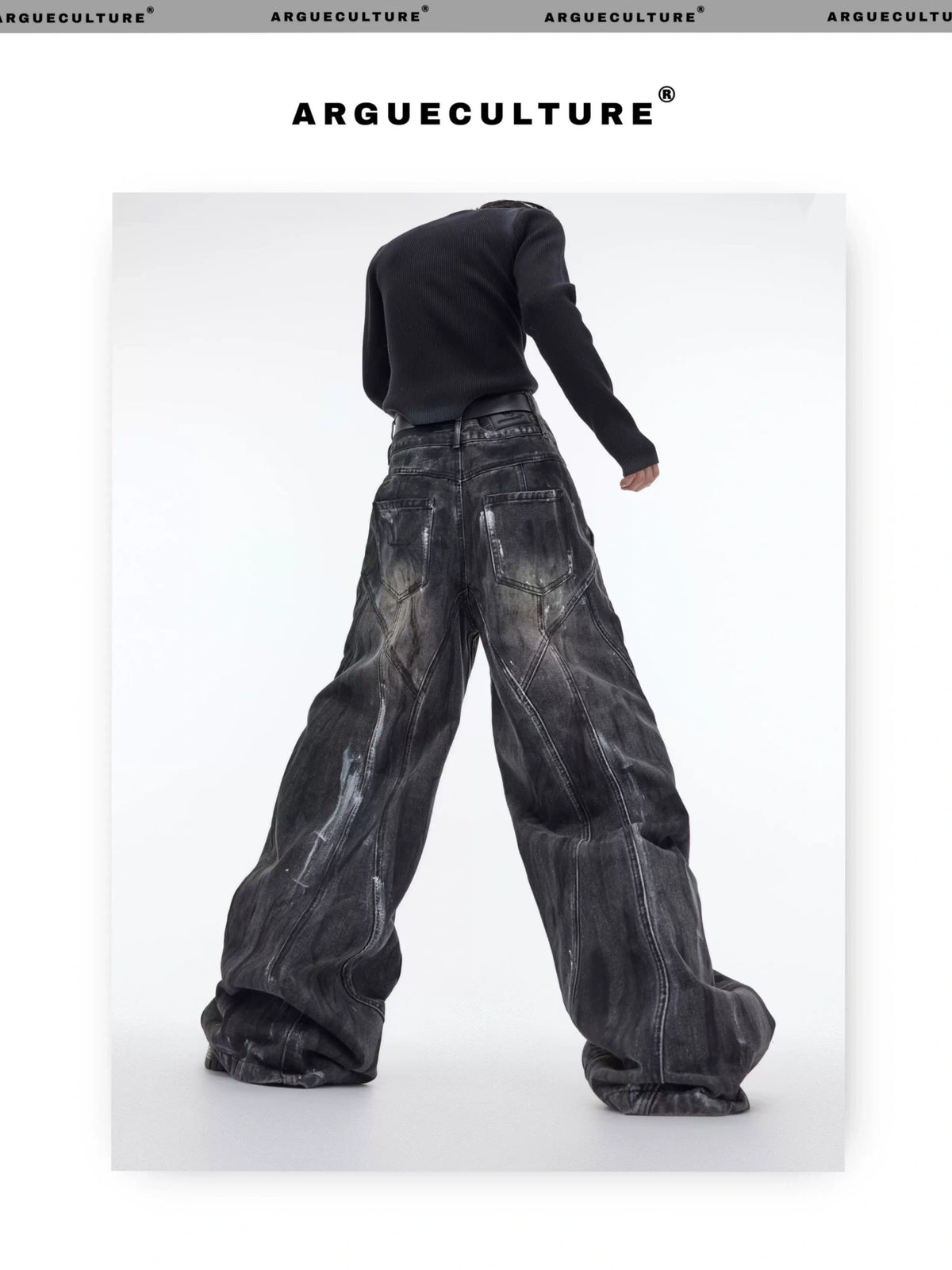 High-Waist Graphite Black Distressed Wide-Leg Jeans - description image 5