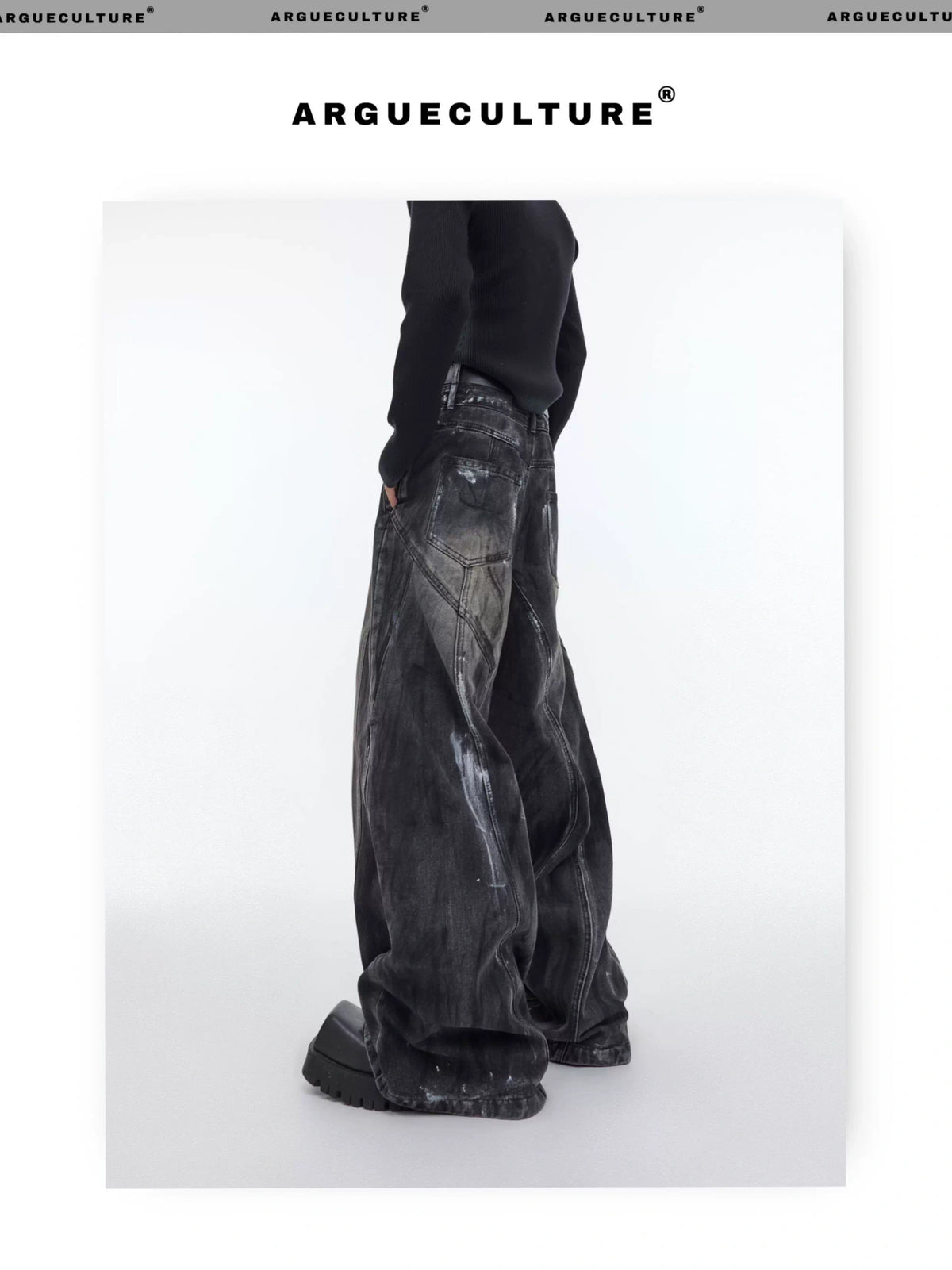 High-Waist Graphite Black Distressed Wide-Leg Jeans - description image 7