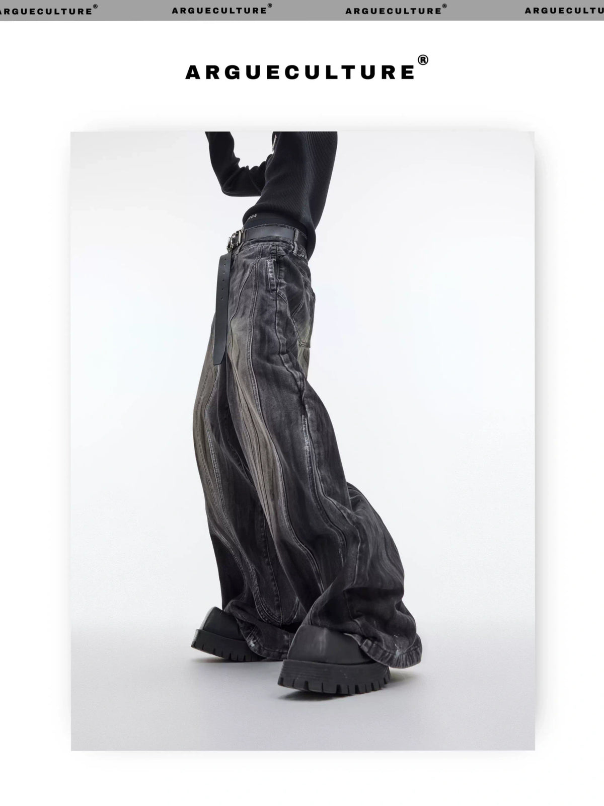 High-Waist Graphite Black Distressed Wide-Leg Jeans - description image 9