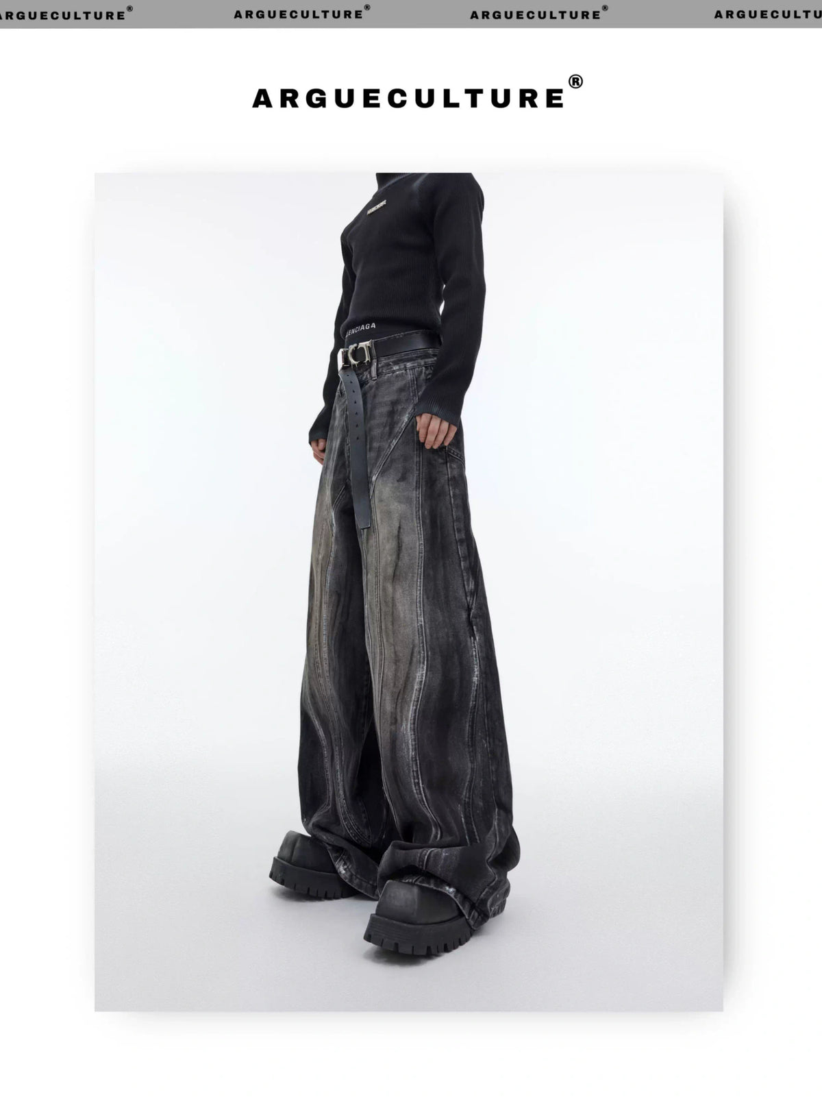 High-Waist Graphite Black Distressed Wide-Leg Jeans - description image 10