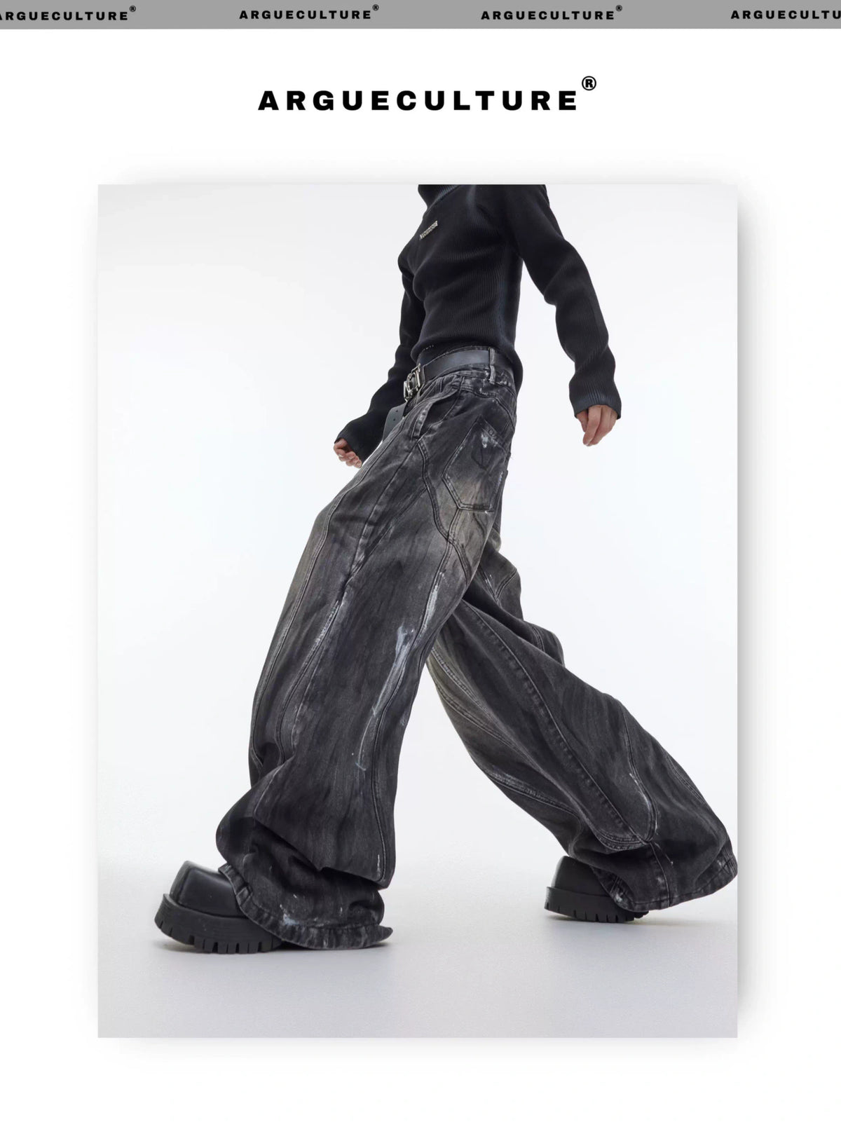 High-Waist Graphite Black Distressed Wide-Leg Jeans - description image 11