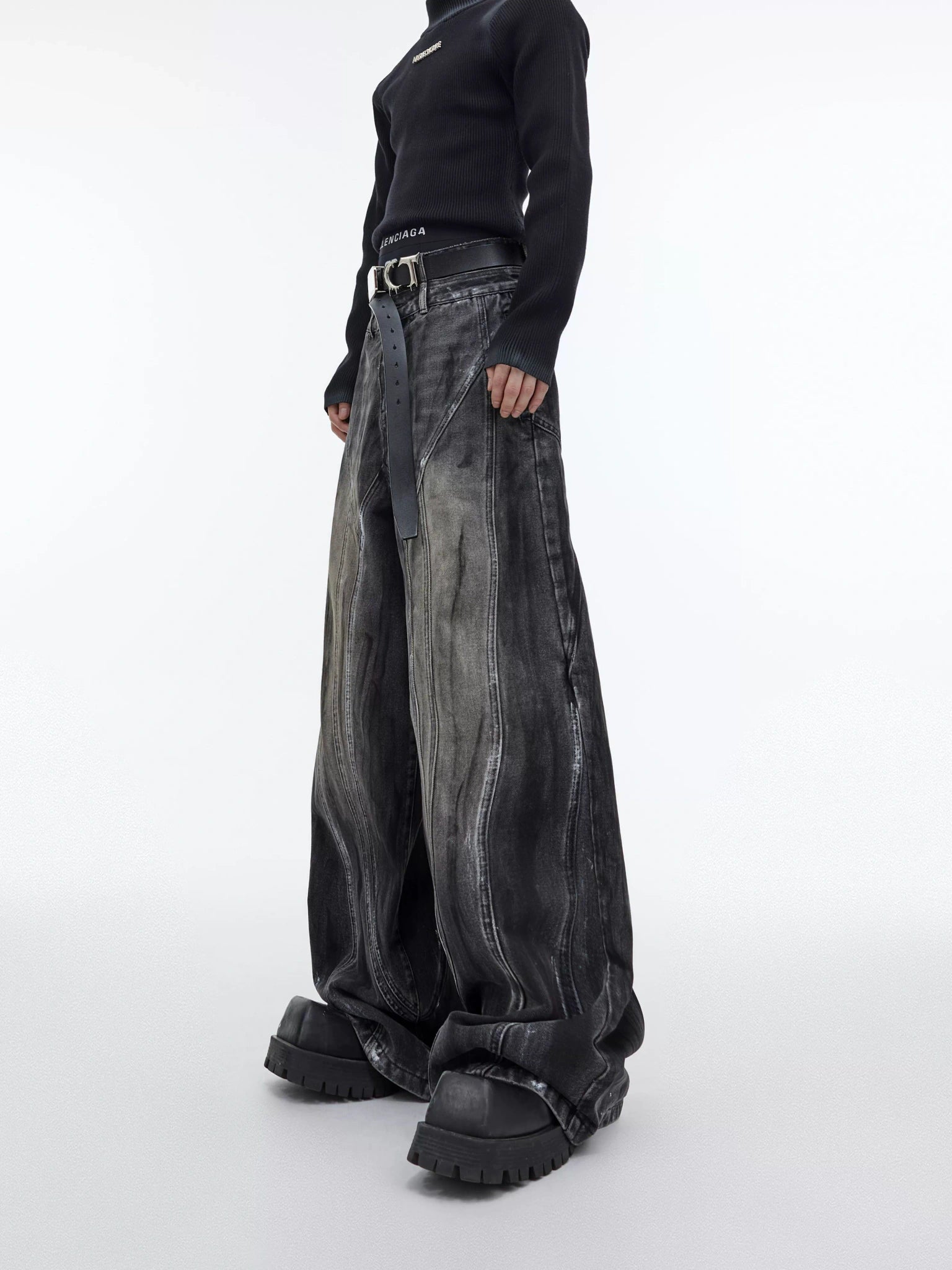 High-Waist Graphite Black Distressed Wide-Leg Jeans - main image 1