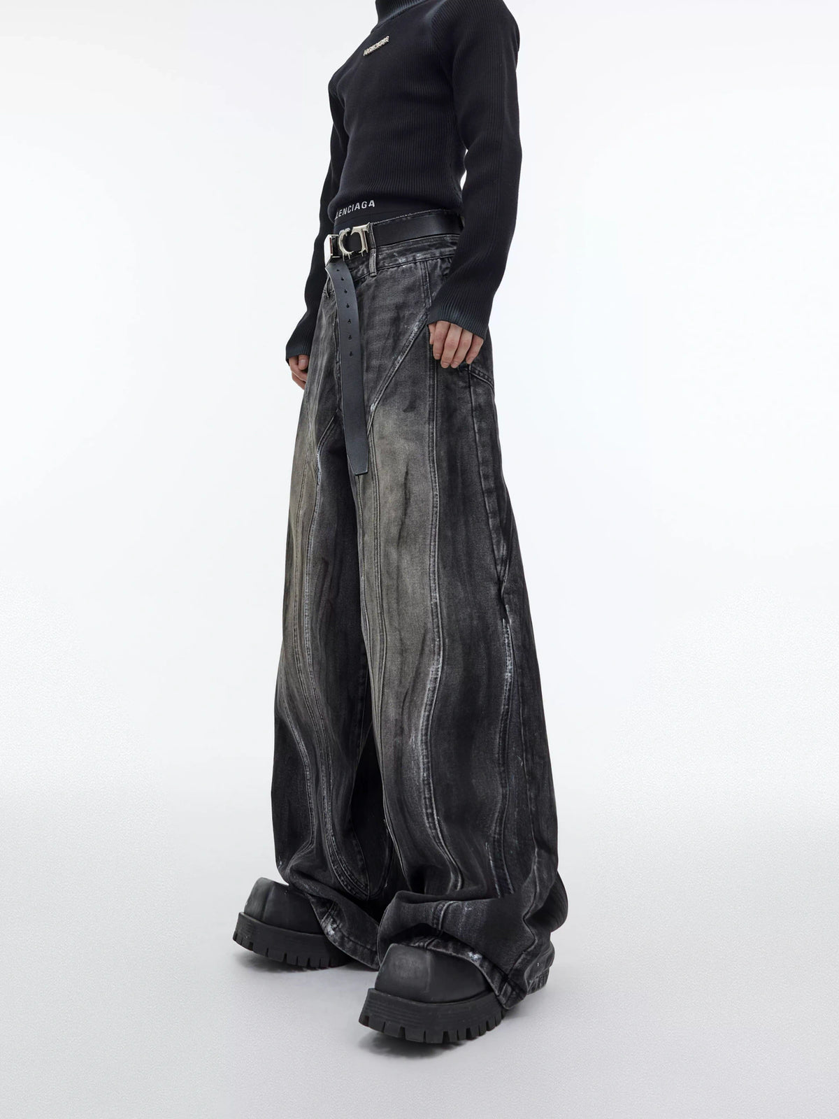 High-Waist Graphite Black Distressed Wide-Leg Jeans - main image 1