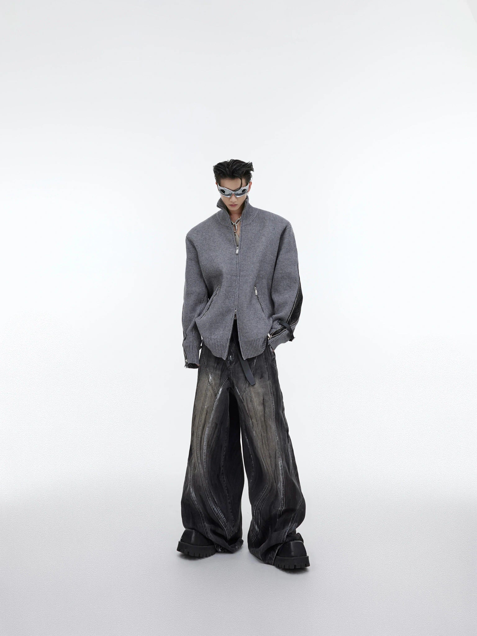 High-Waist Graphite Black Distressed Wide-Leg Jeans - main image 5