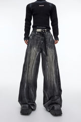High-Waist Graphite Black Distressed Wide-Leg Jeans - Graphite Black
