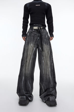 High-Waist Graphite Black Distressed Wide-Leg Jeans - Graphite Black