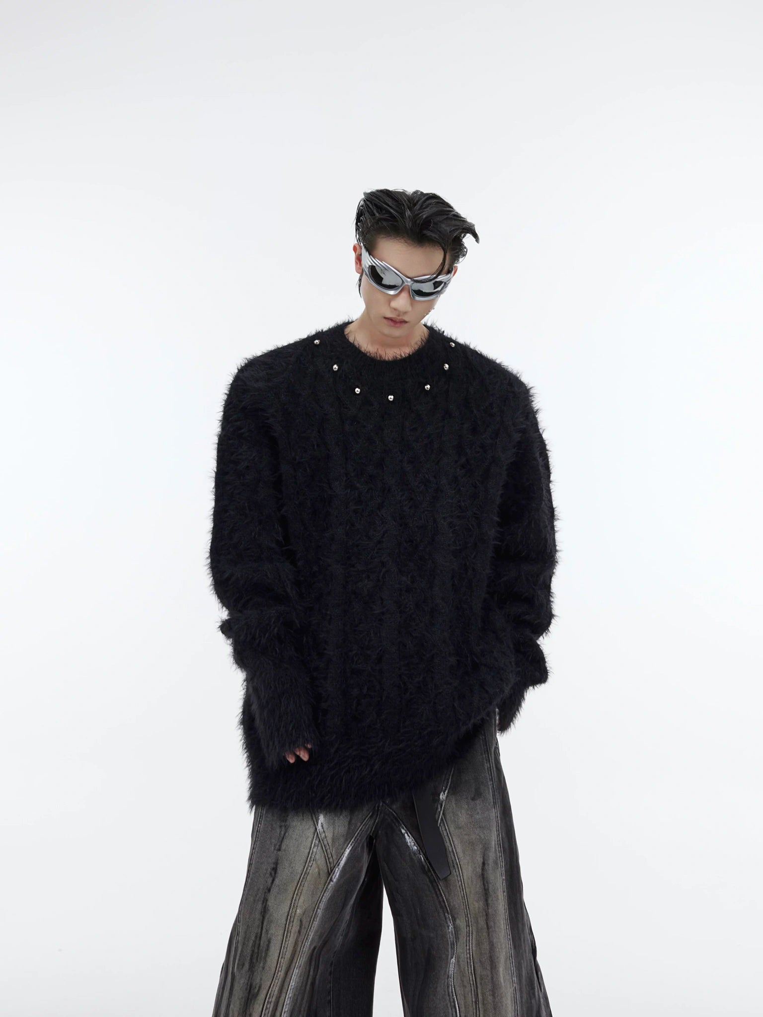 Relaxed Metal-Button Crewneck Knit Sweater - main image 1