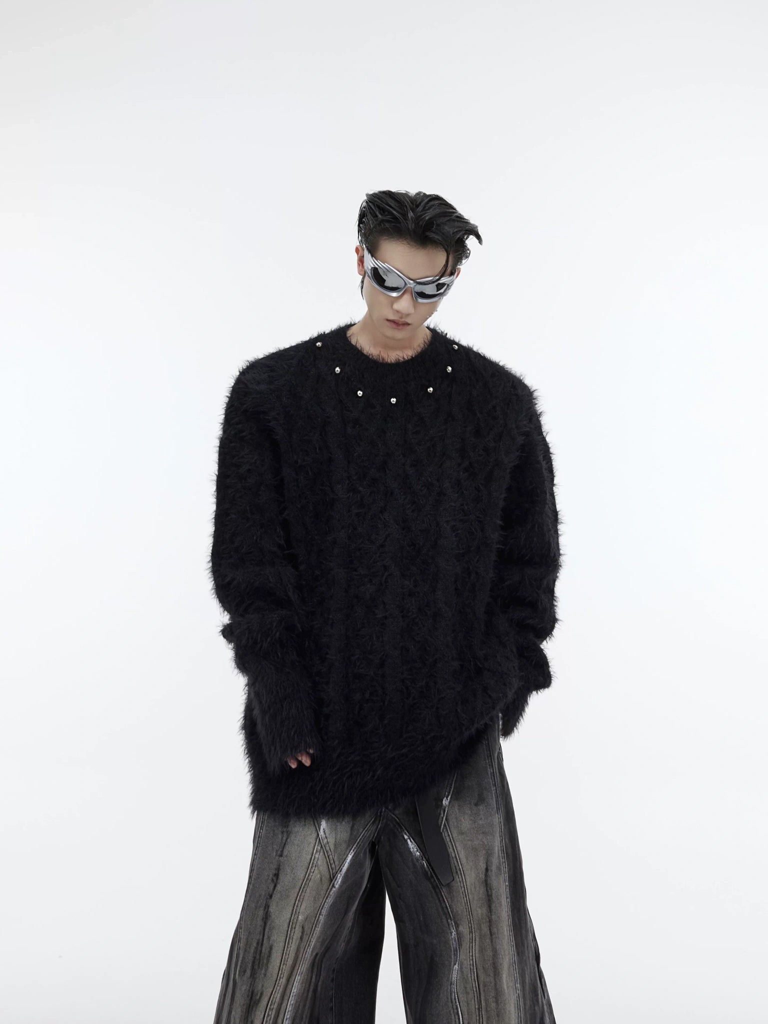 Relaxed Metal-Button Crewneck Knit Sweater - Black Top