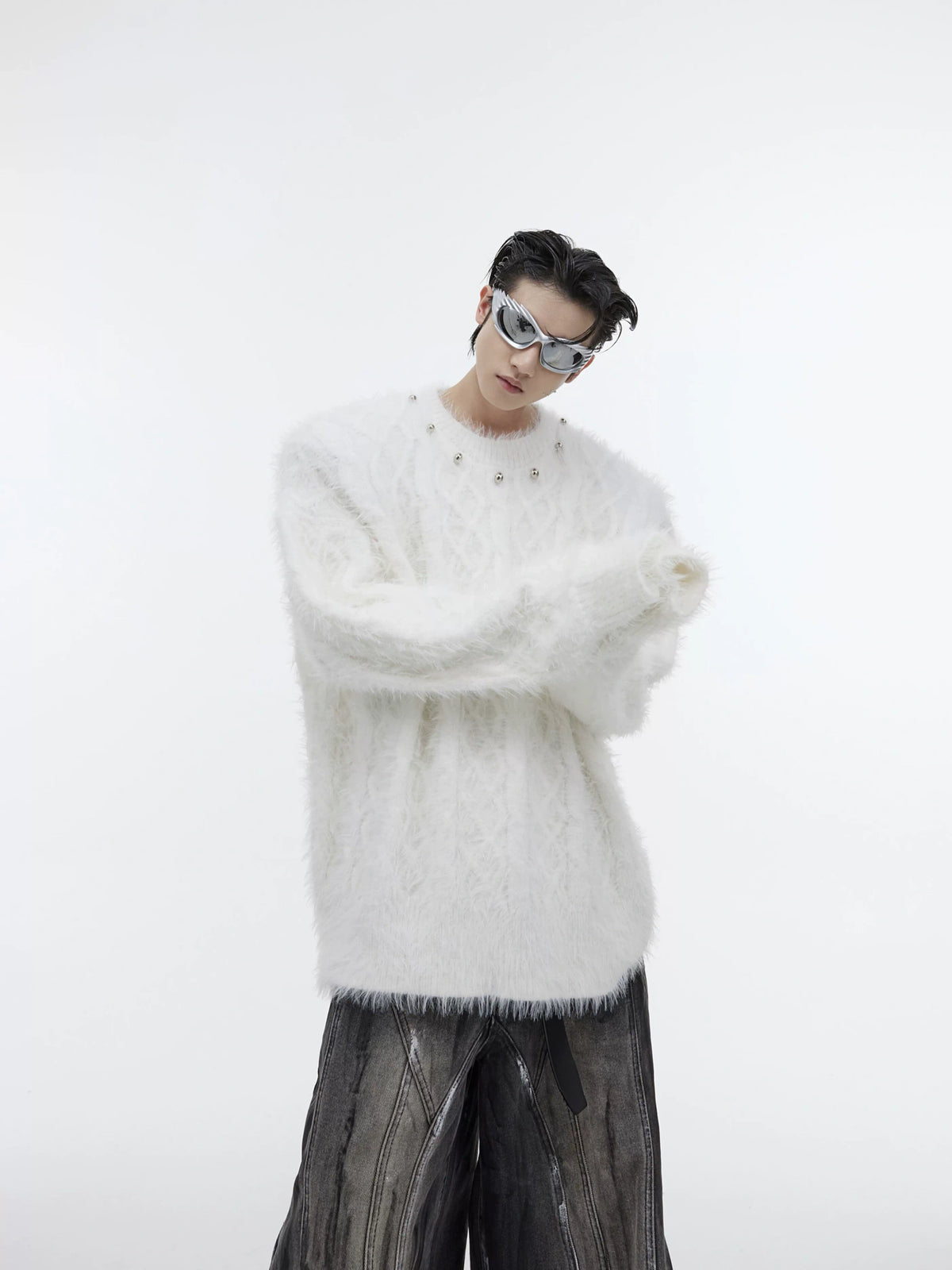 Relaxed Metal-Button Crewneck Knit Sweater - White Top