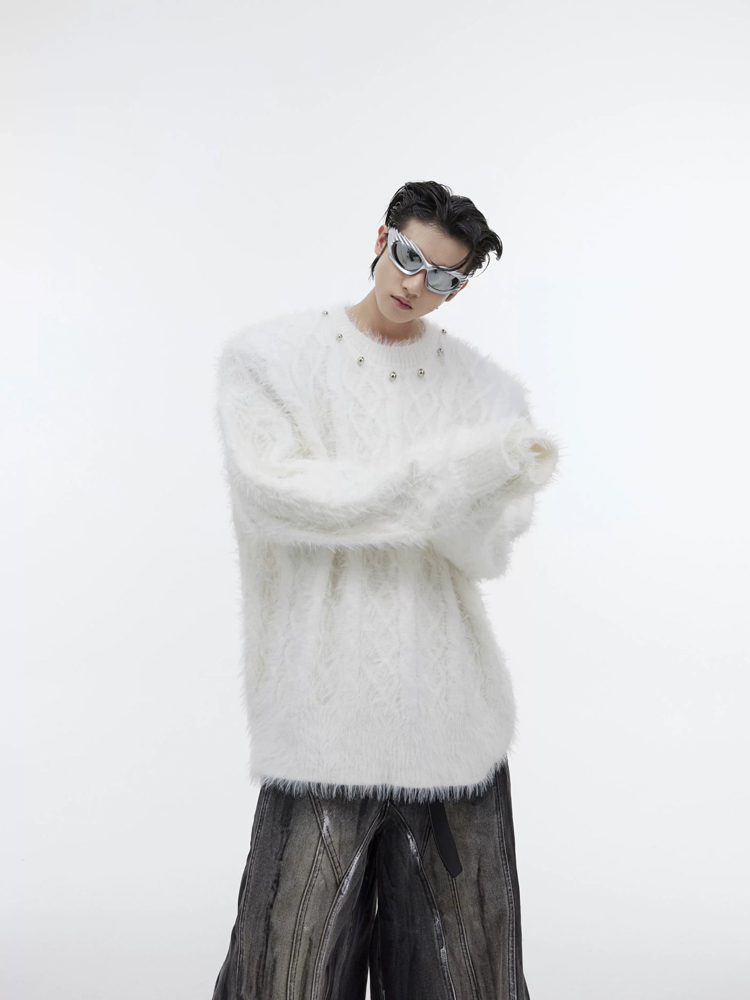 Relaxed Metal-Button Crewneck Knit Sweater - White Top