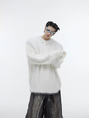 Relaxed Metal-Button Crewneck Knit Sweater - White Top