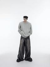 Relaxed Metal-Button Crewneck Knit Sweater - Gray Top