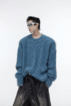 Relaxed Metal-Button Crewneck Knit Sweater - Blue Top