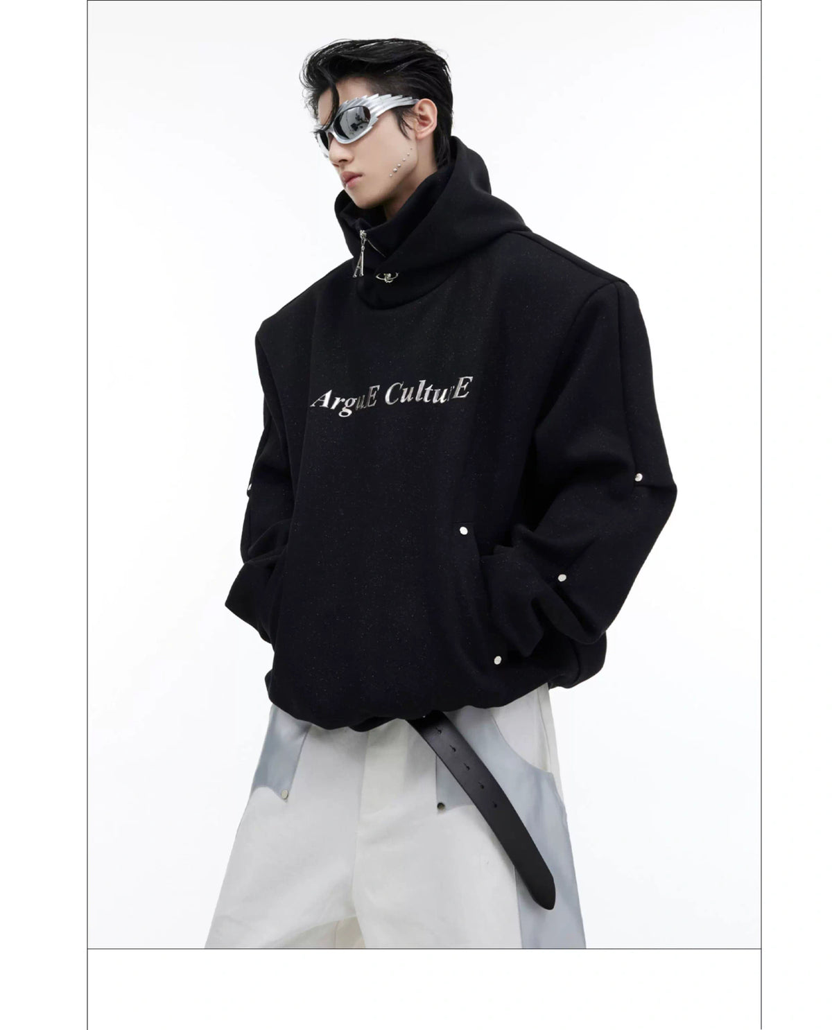 Deconstructed High-Neck Sequin Hoodie | Relaxed Fit - description image 17