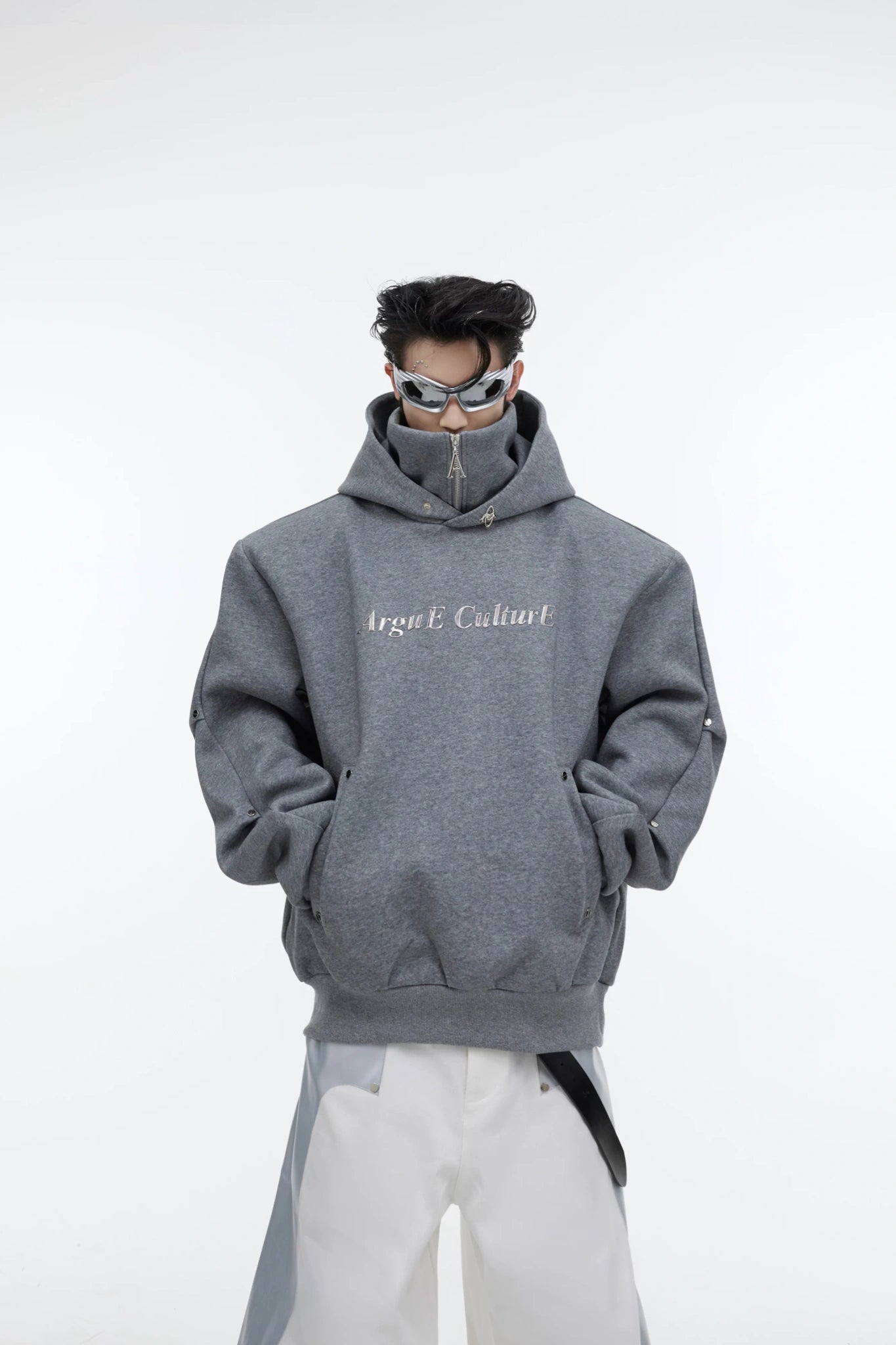 Deconstructed High-Neck Sequin Hoodie | Relaxed Fit - Gray Top