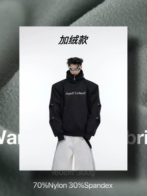 Deconstructed High-Neck Sequin Hoodie | Relaxed Fit - Black Fleece-Lined Top