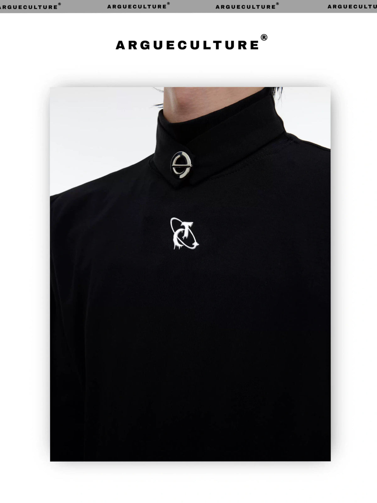 Fitted Cotton Blend Metal Logo Turtleneck Top - description image 1