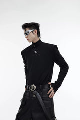 Fitted Cotton Blend Metal Logo Turtleneck Top - Black Top