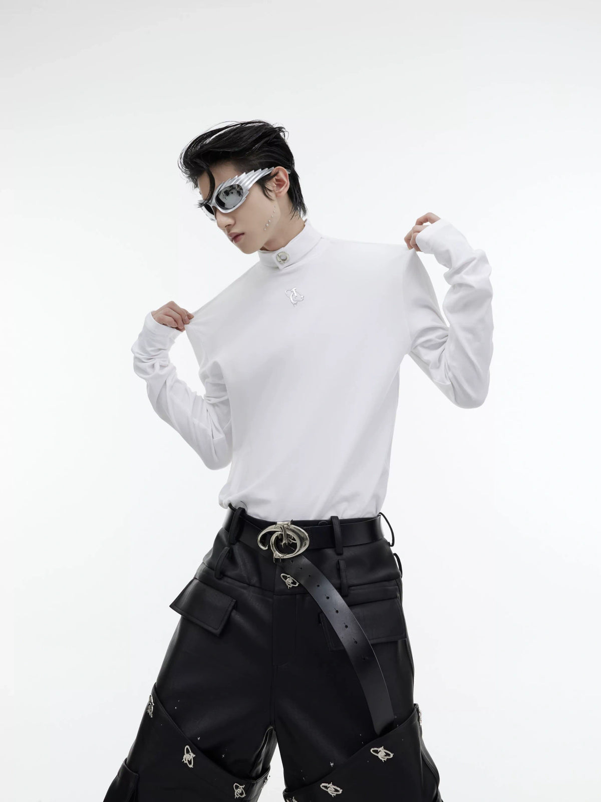 Fitted Cotton Blend Metal Logo Turtleneck Top - White Top