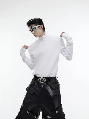Fitted Cotton Blend Metal Logo Turtleneck Top - White Top