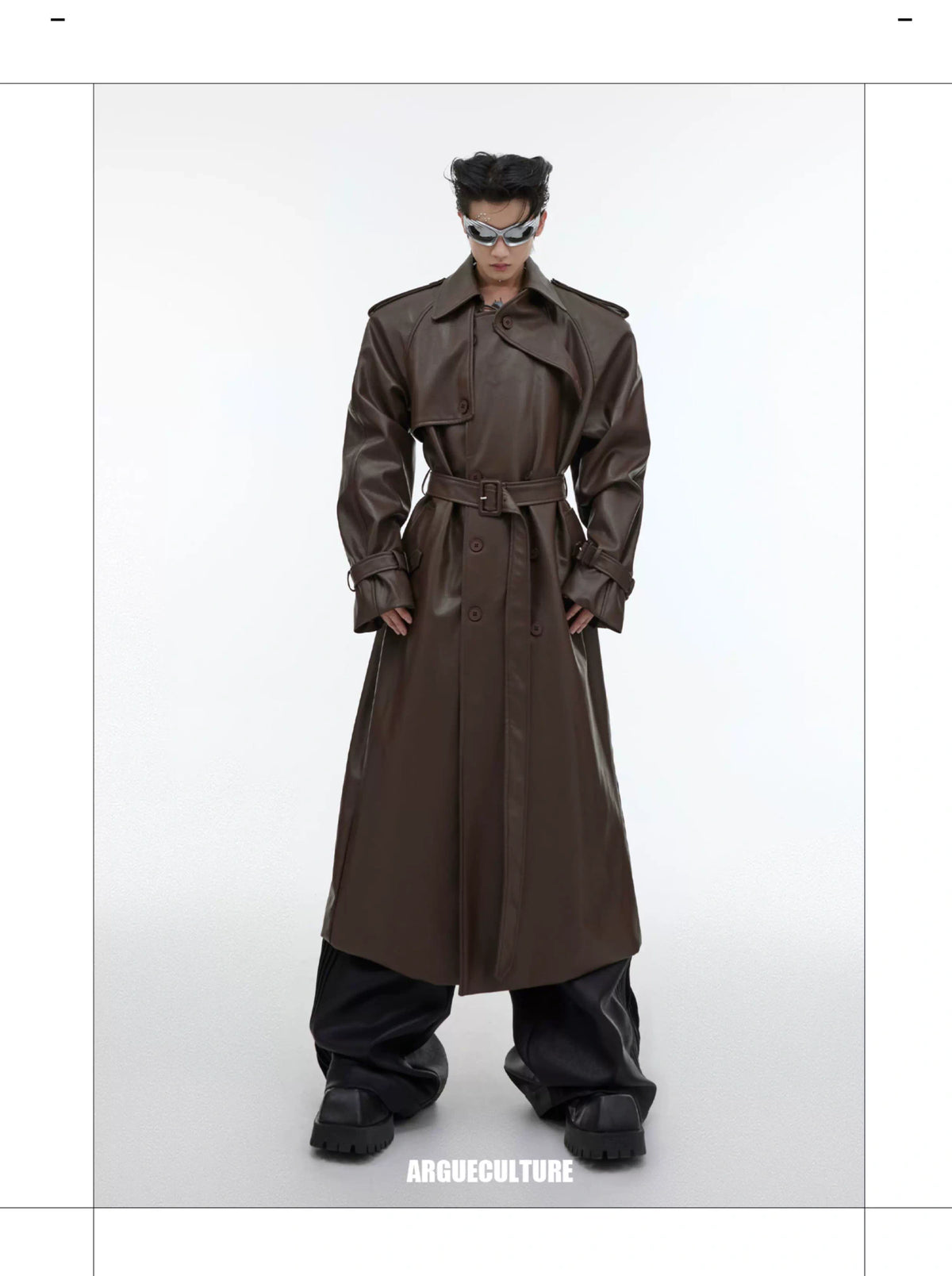 Deconstructed PU Leather Long Coat | Double-Breasted - description image 4