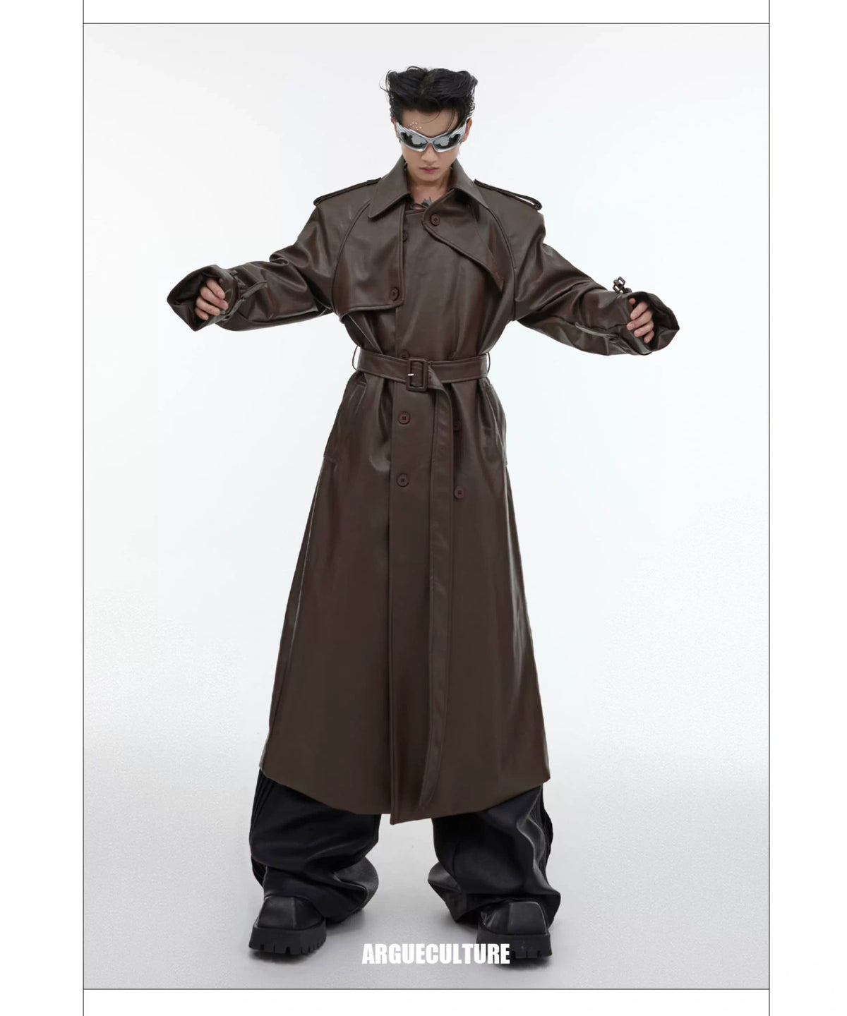 Deconstructed PU Leather Long Coat | Double-Breasted - description image 6
