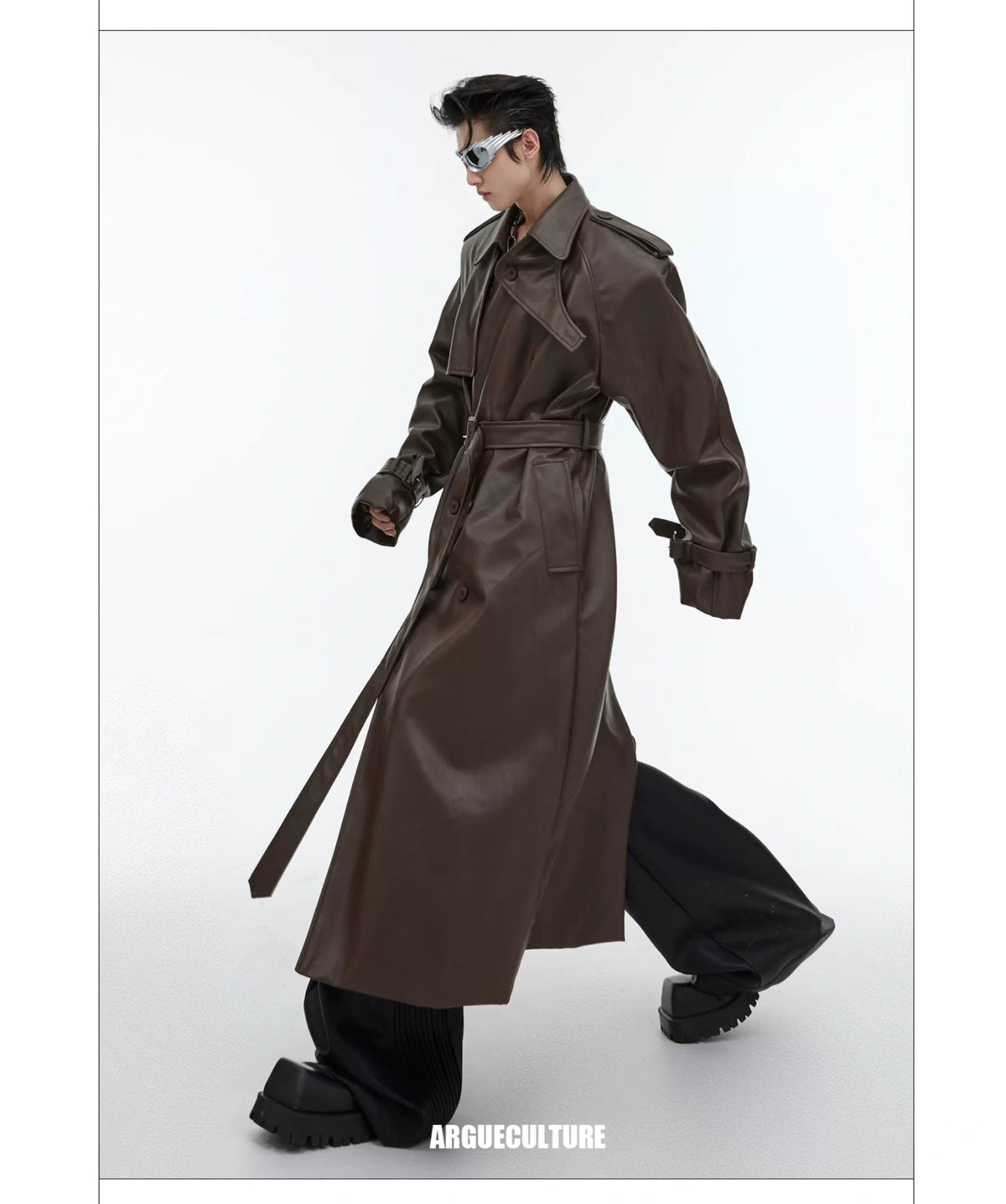 Deconstructed PU Leather Long Coat | Double-Breasted - description image 7