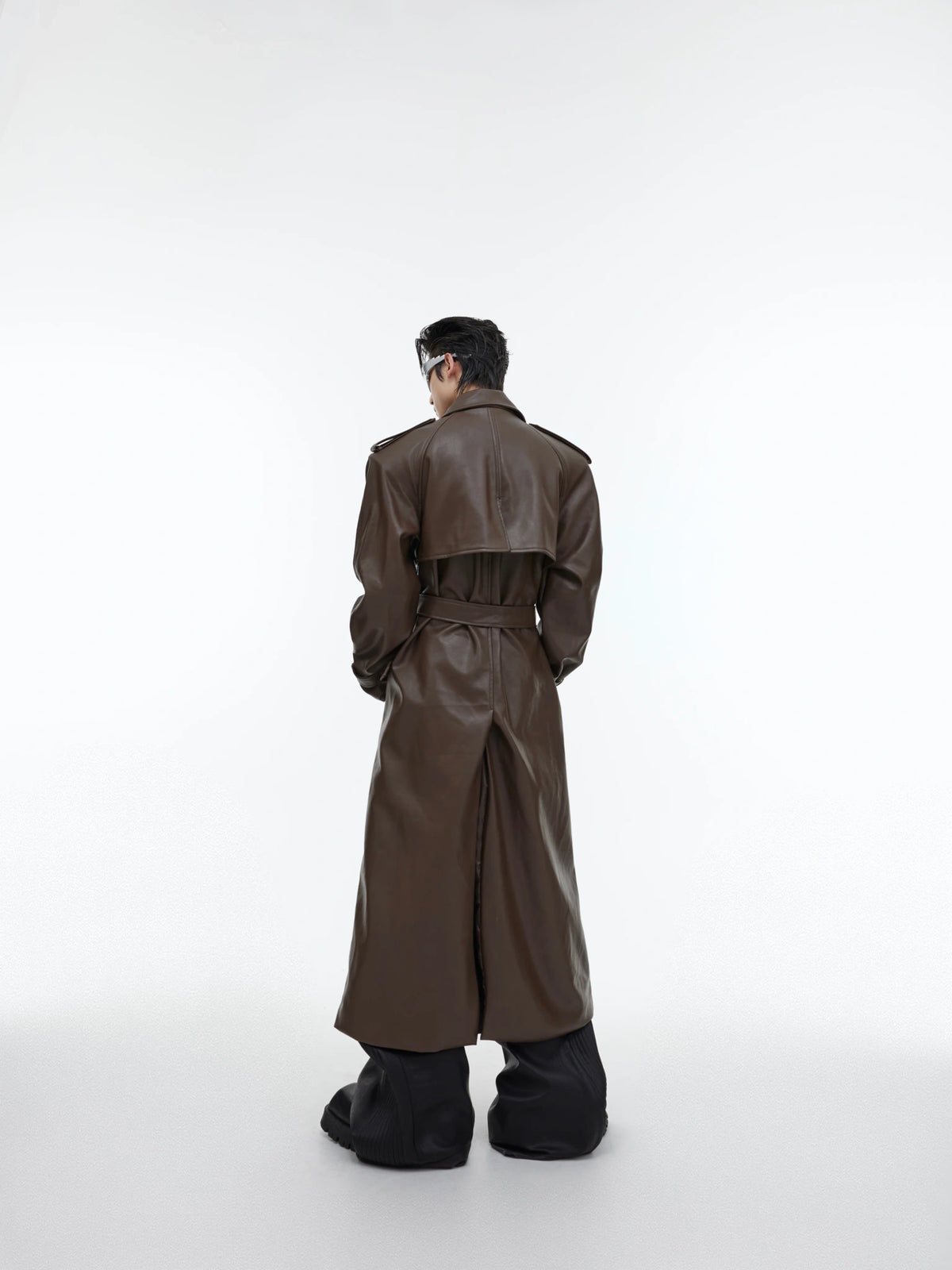 Deconstructed PU Leather Long Coat | Double-Breasted - main image 3