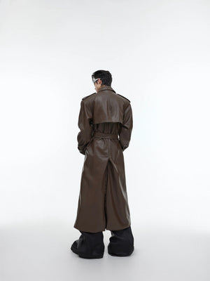 Deconstructed PU Leather Long Coat | Double-Breasted - main image 3