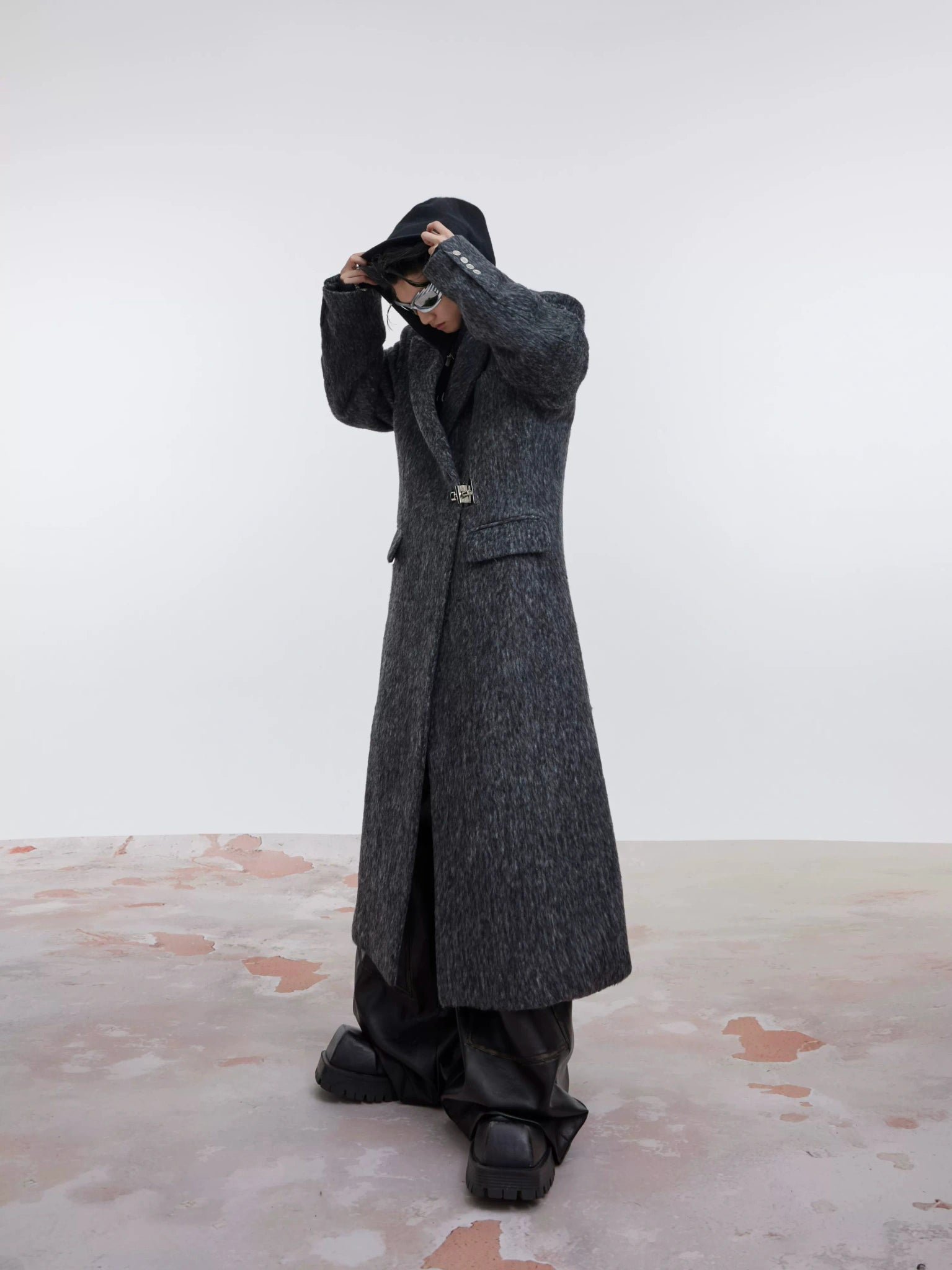 Oversized Gray Wool-Blend Long Coat with Metal Detail - main image 1