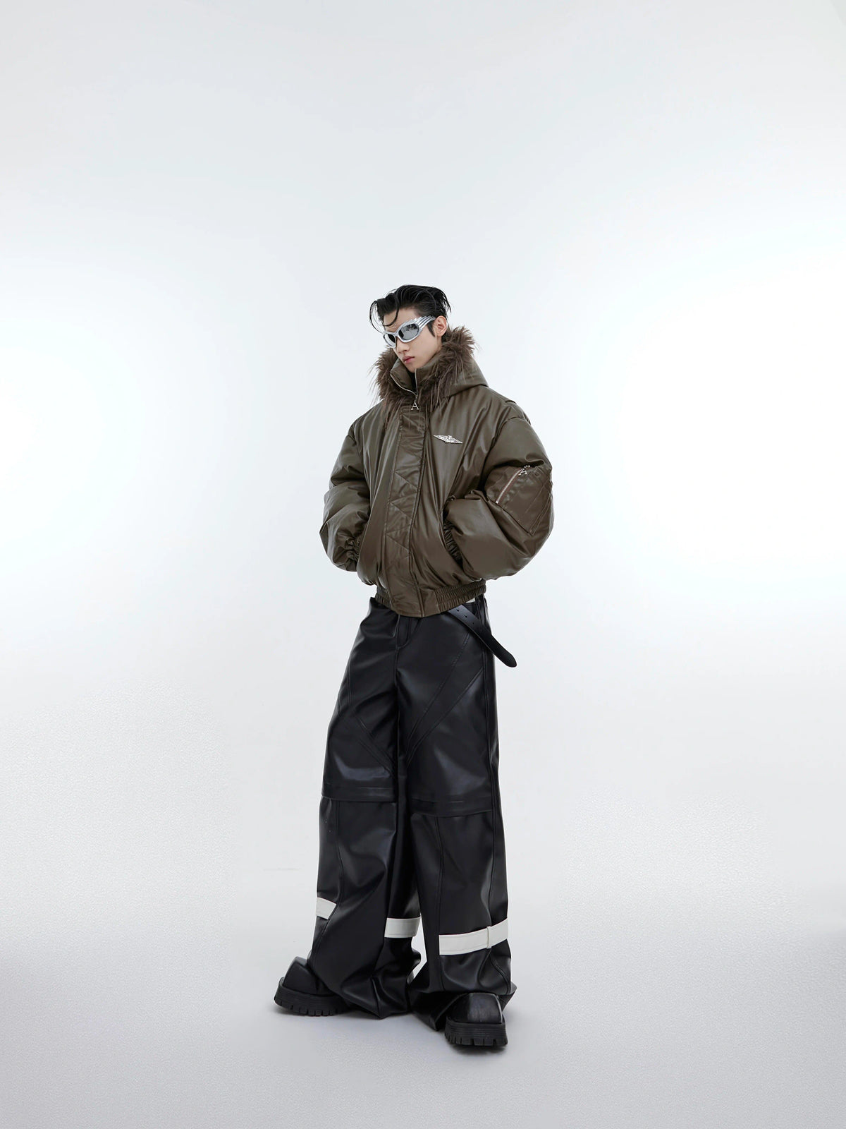 Hooded PU Padded Jacket with Relaxed Short Silhouette - main image 4