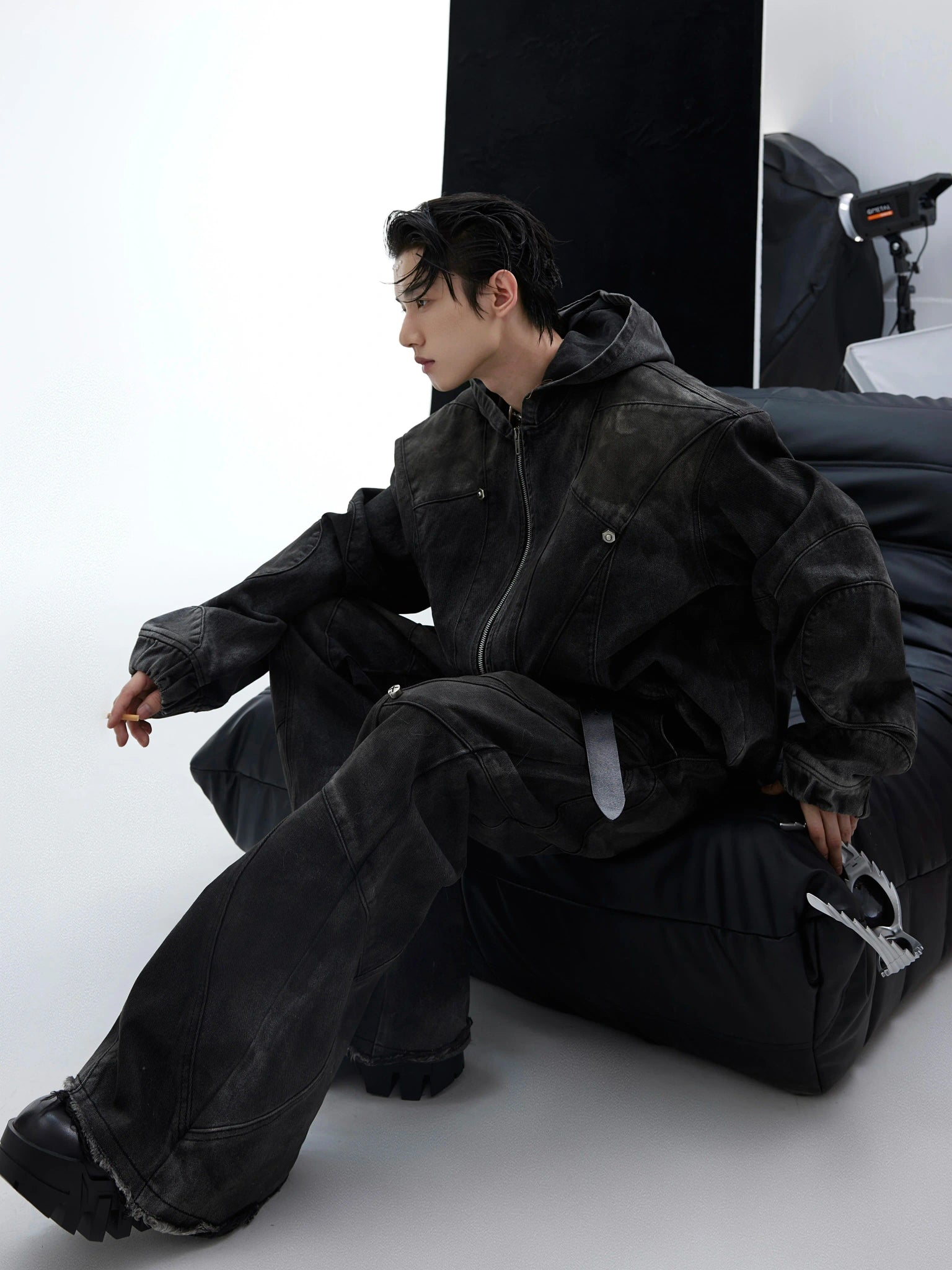 Deconstructed Black Hooded Denim Jacket with Metal Details - main image 2