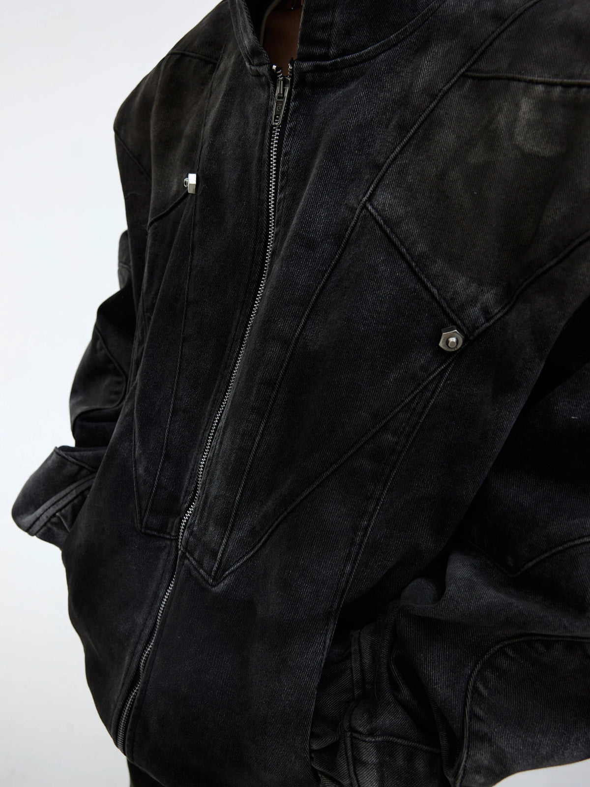 Deconstructed Black Hooded Denim Jacket with Metal Details - main image 3