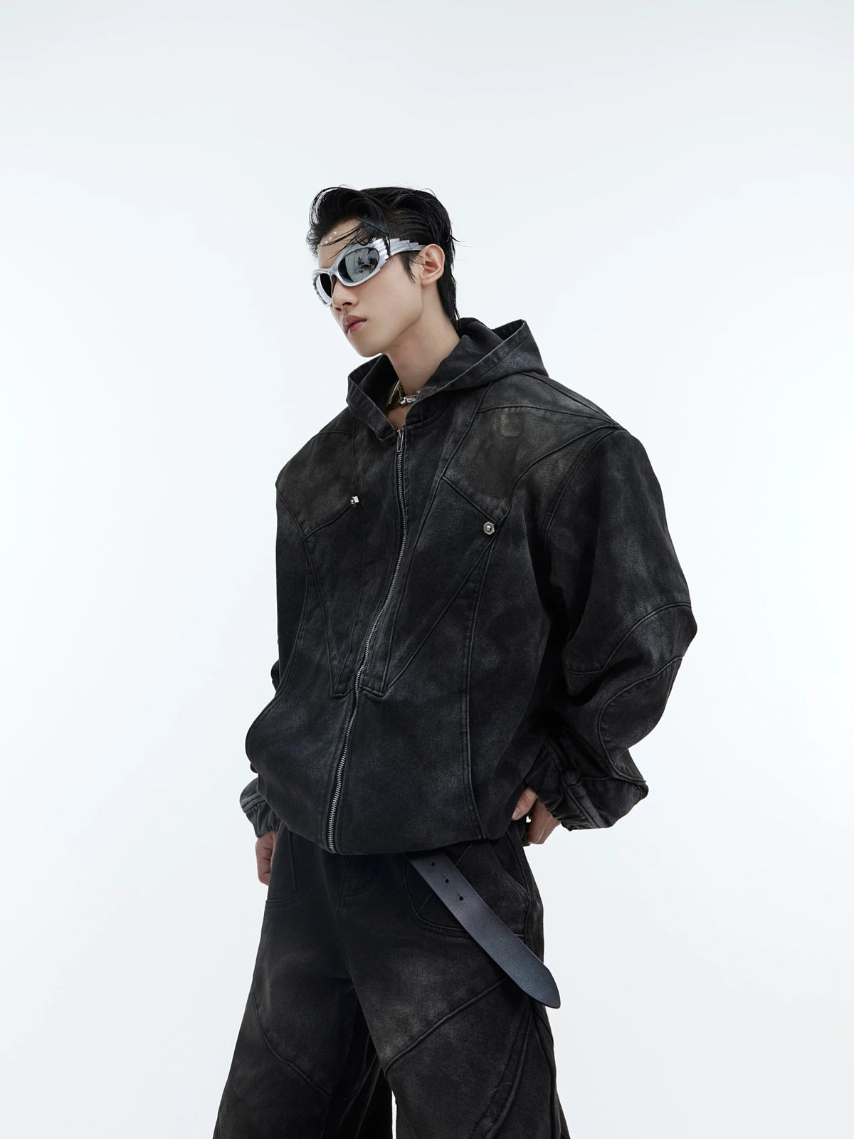 Deconstructed Black Hooded Denim Jacket with Metal Details - Black Jacket
