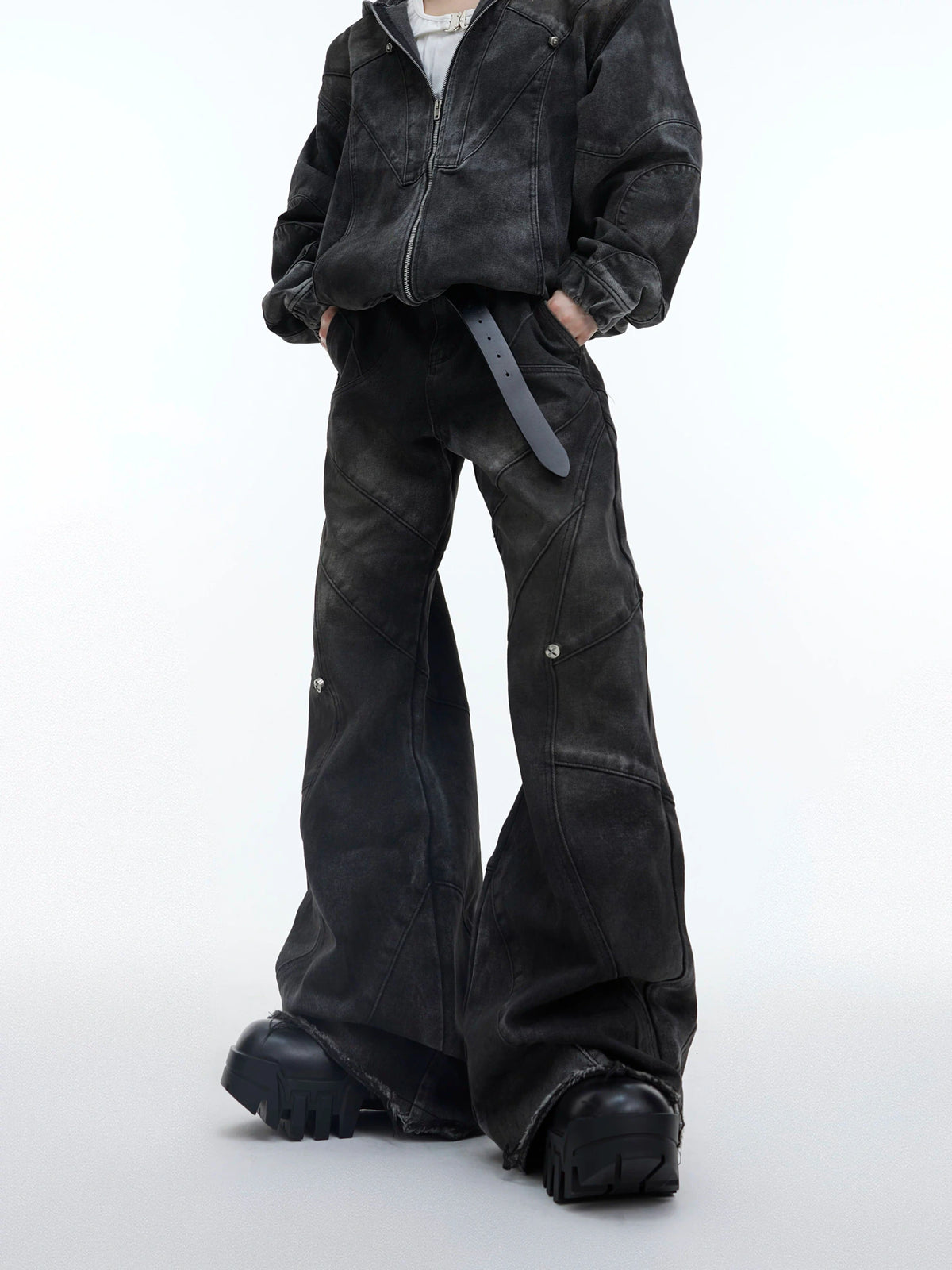 Deconstructed Black Hooded Denim Jacket with Metal Details - Black Pants
